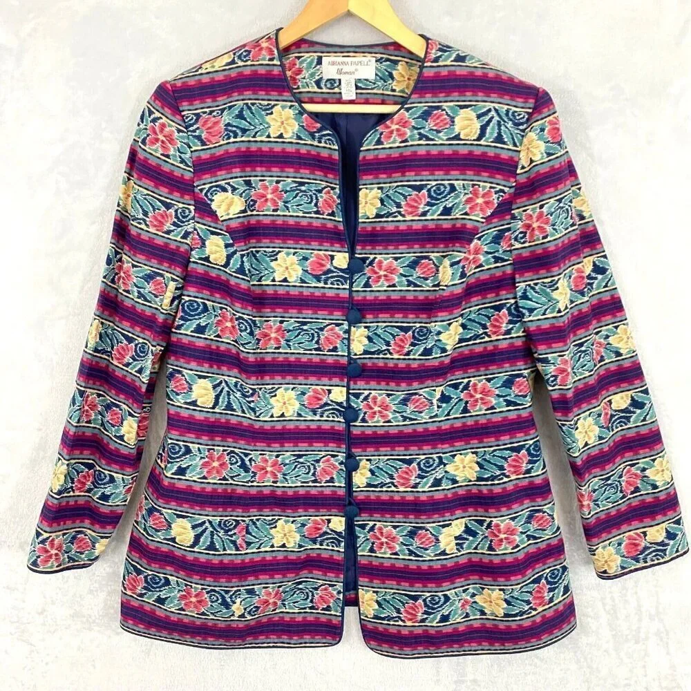 Vintage‎ Adrianna Papell Linen Blend Jacket Womens 14L Floral Stripe Retro 80s